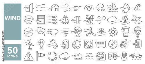 Set of 50 line icons related to wind, tornado, fan, pressure, wind power, climate, steam, flow, swirl, wave, air, Editable stroke. Vector illustration