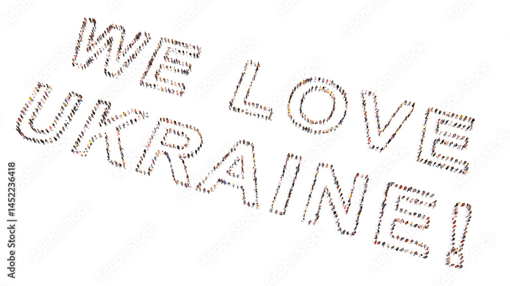 Concept or conceptual large community of people forming WE LOVE UKRAINE message. 3d illustration metaphor for patriotism, country, culture, history, people, determination, courage and strength Concept or conceptual large community of people forming WE LOVE UKRAINE message. 3d illustration metaphor for patriotism, country, culture, history, people, determination, courage and strength