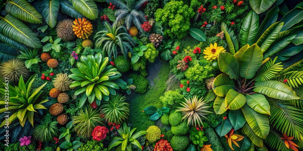 Fototapeta premium Aerial View Lush Tropical Jungle Vibrant Exotic Plants Fauna