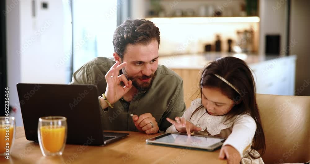 Tablet, child and help of father for e learning and remote work with math, finger counting or internet app. Girl kid, freelancer and technology at family home with man, teaching or online education Tablet, child and help of father for e learning and remote work with math, finger counting or internet app. Girl kid, freelancer and technology at family home with man, teaching or online education