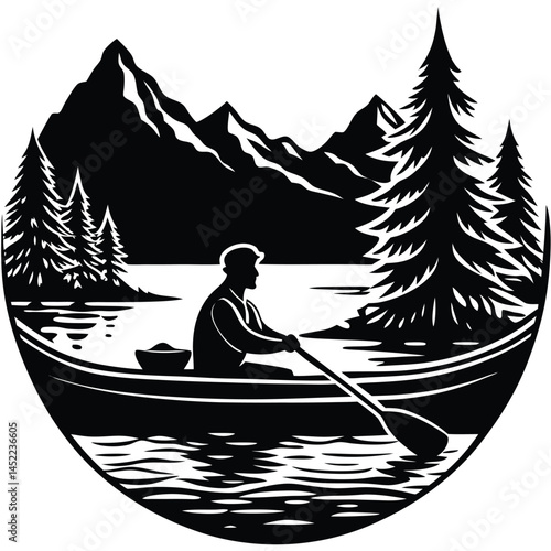 Canoeing Silhouette: Man Paddling on Lake with Mountains and Pine Trees Art