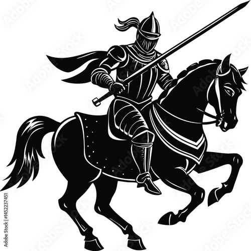 Black and White Knight on Horseback Vector Illustration Medieval Warrior Art