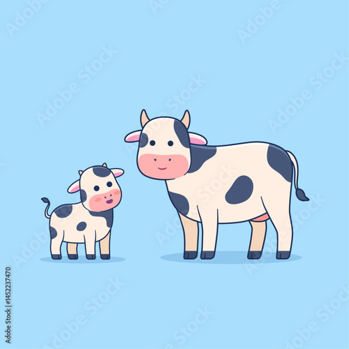 Vector illustration of cute cow and calves in cartoon style.