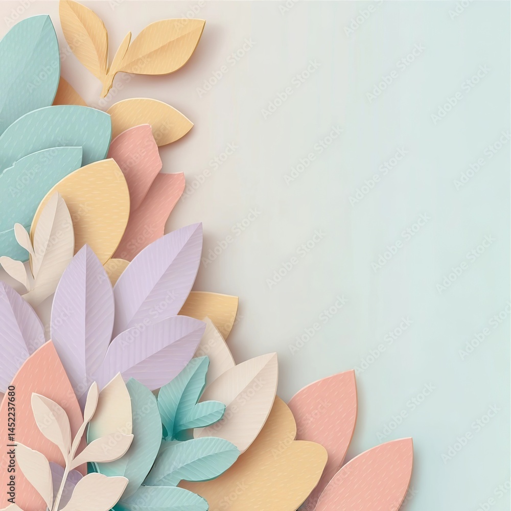 Obraz premium 3D paper-cut spring leaves background vector presentation design with copy space area, pastel color