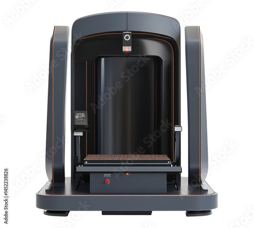 A black and orange machine with a red button