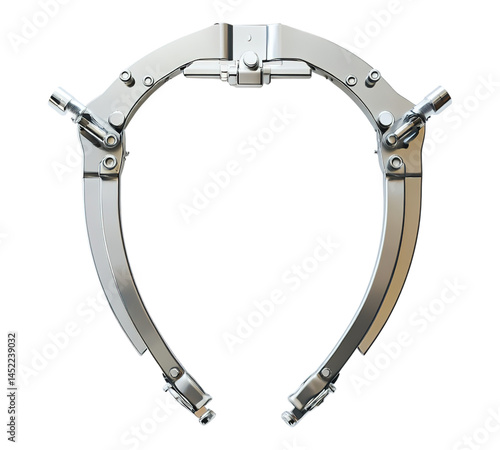 A silver object with a curved shape and a lot of metal parts