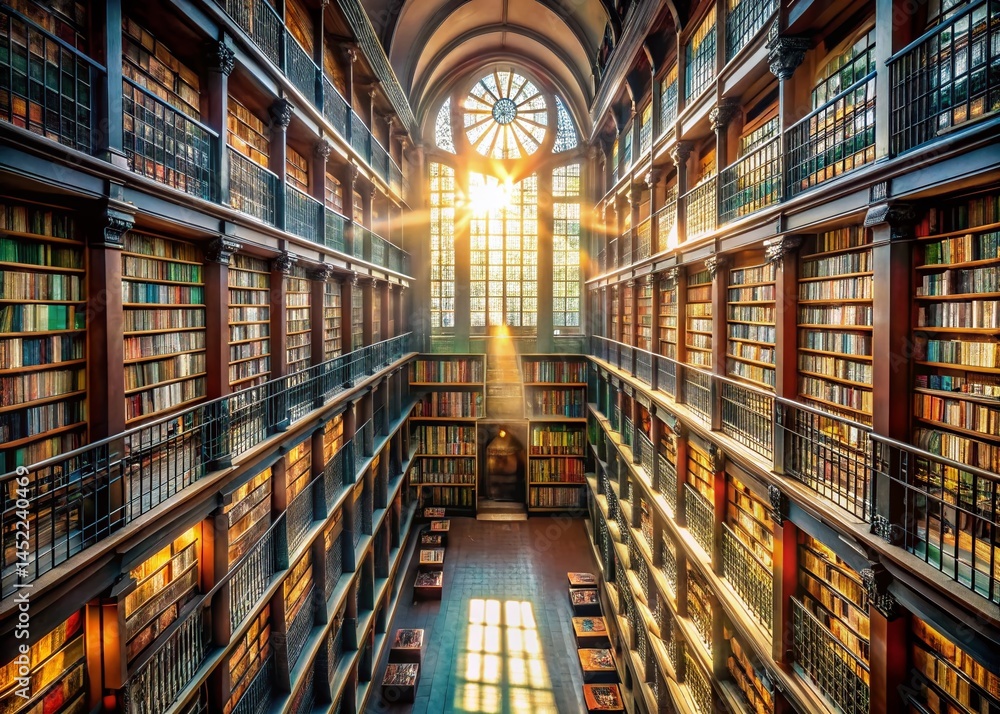 Aerial View of Library Bookstacks, High Angle Shot of Bookshelves Filled with Books
