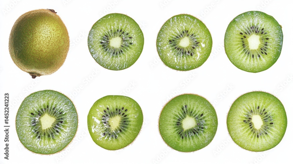 Fototapeta premium Kiwi fruit, whole and sliced, are shown against a white background. 