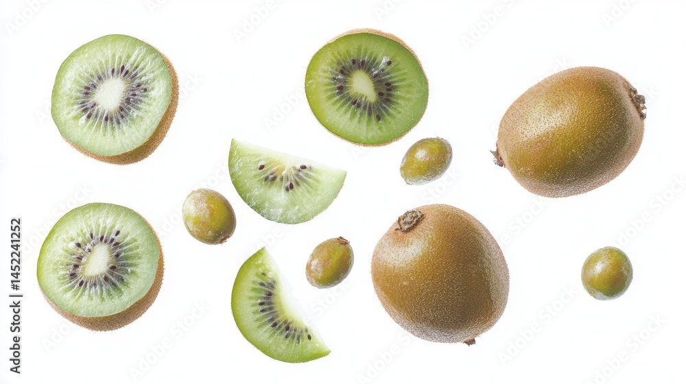 Fototapeta premium Kiwi fruit, whole and sliced, are shown against a white background. 
