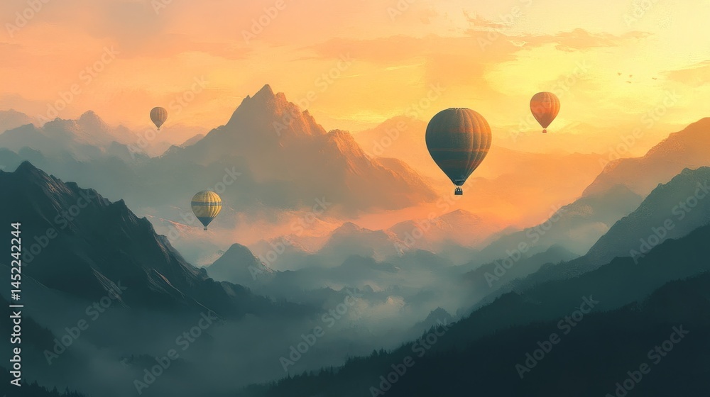 Fototapeta premium Mountains with colorful hot air balloons during sunrise. The balloons fly over the mountains in the morning light. 