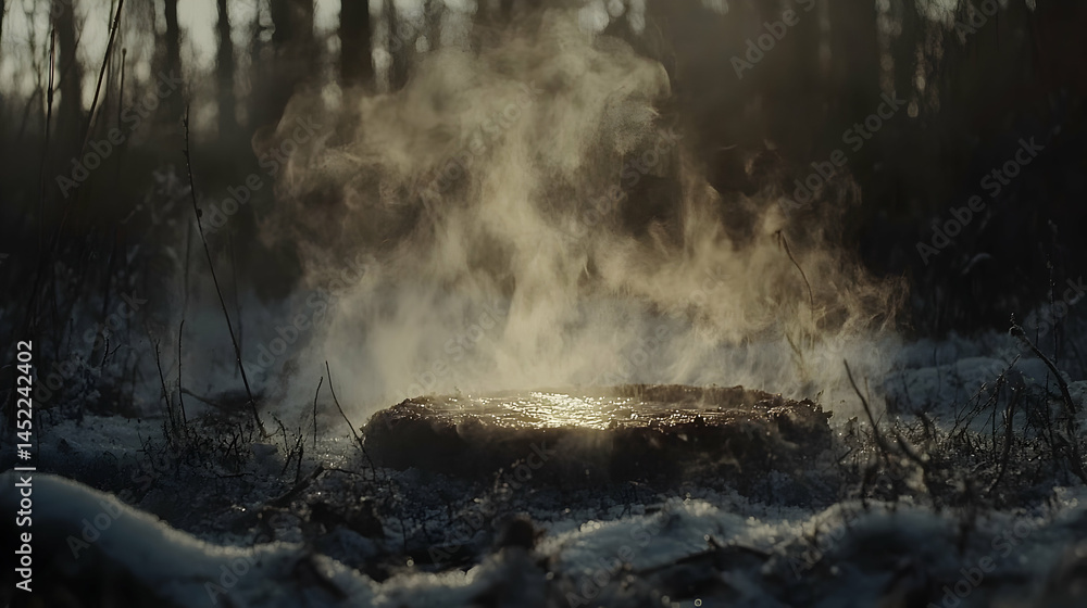 Mystical winter thaw, evaporating snow reveals earth in forest landscape Mystical winter thaw, evaporating snow reveals earth in forest landscape