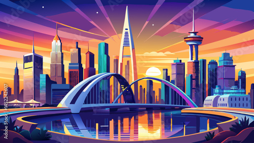 colorful sunset over Dubai Downtown skyscrapers and the newly built Tolerance bridge as viewed from the Dubai water canal