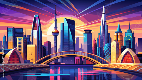 colorful sunset over Dubai Downtown skyscrapers and the newly built Tolerance bridge as viewed from the Dubai water canal