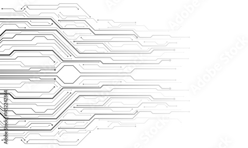 Abstract grey circuit board technology connected lines electronics elements computer motherboard chip processor semiconductor digital on white background vector