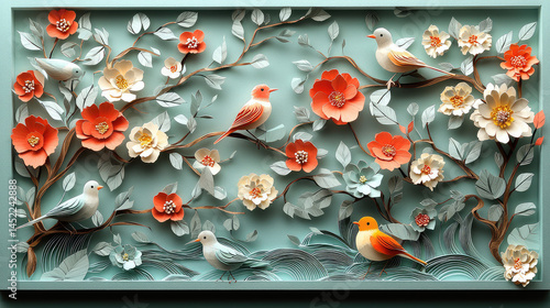 Fototapeta Naklejka Na Ścianę i Meble -  Floral Bird Paradise.  A decorative art piece featuring meticulously crafted paper flowers and birds, arranged on branches against a backdrop of a light teal color, creating a serene scene of nature