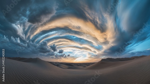 Stunning sand dunes in Morocco's Sahara desert under a breathtaking cloudy sky.
