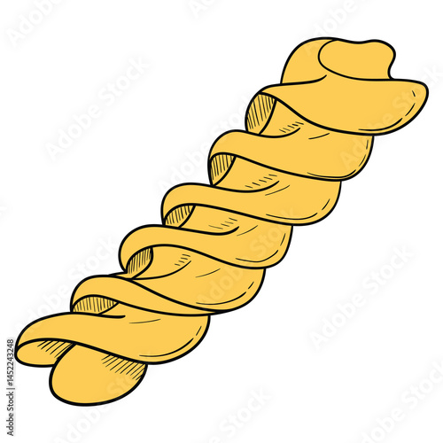 Hand drawn cartoon fusilli pasta on white background.