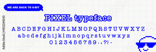 Pixel font set with retro 8-bit letters and numbers. Vector typeface in trendy retro y2k game style.