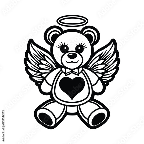angel teddy heart and halo outline vector art