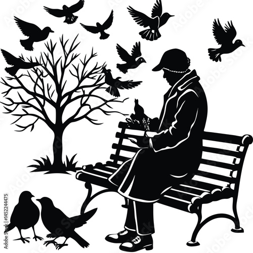 Silhouette of Woman Feeding Birds on Park Bench, Tree, Nature Art Print