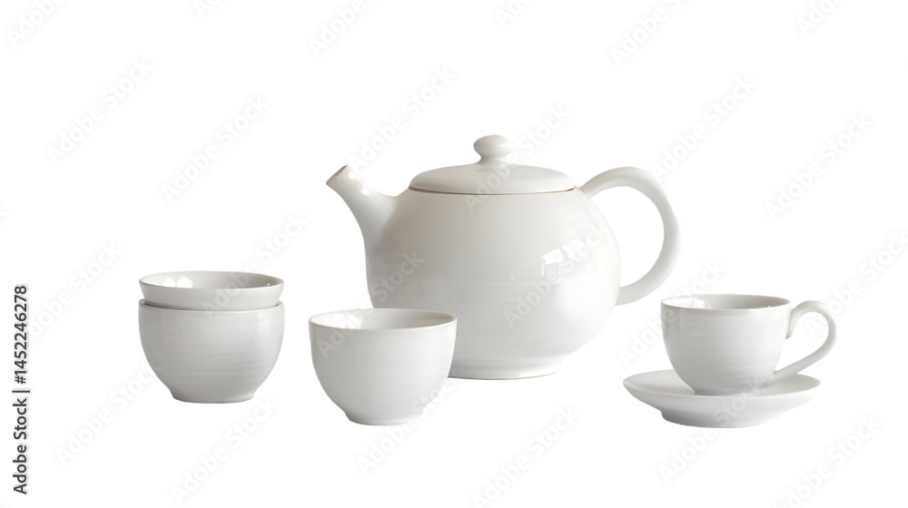 White teapot with three cups on a Transparent background studio shot White teapot with three cups on a Transparent background studio shot