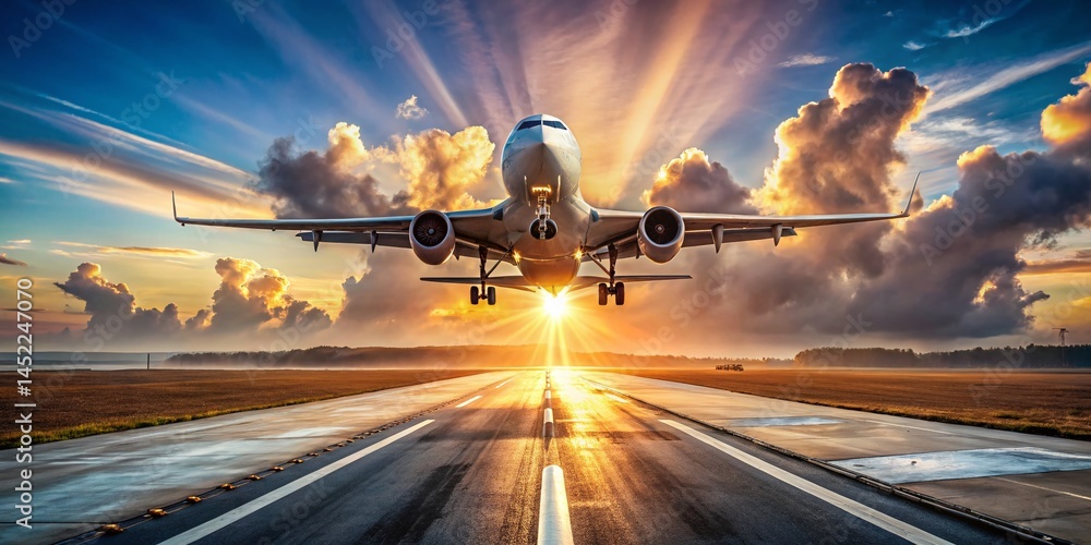 Airplane Taking Off: Front View Runway Departure, Dramatic Flight Scene