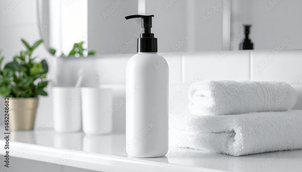 Shampoo Bottle Mockup with Pump in Bathroom Scene Shampoo Bottle Mockup with Pump in Bathroom Scene