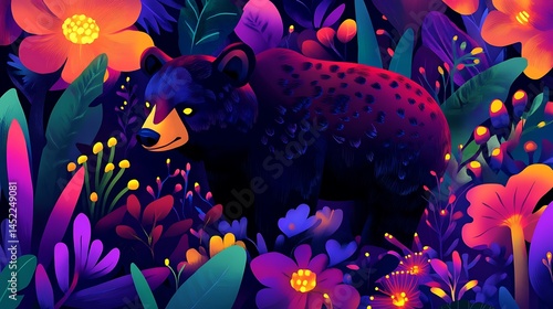 Night Bear in Vibrant Flowers.