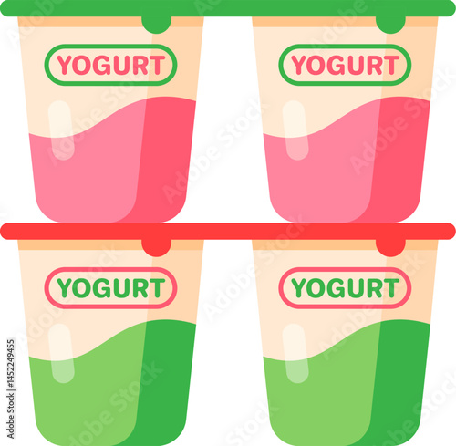 Four plastic yogurt cups, two with a pink strawberry flavor and two with a green pistachio flavor, are waiting to be eaten, a healthy and refreshing snack or breakfast