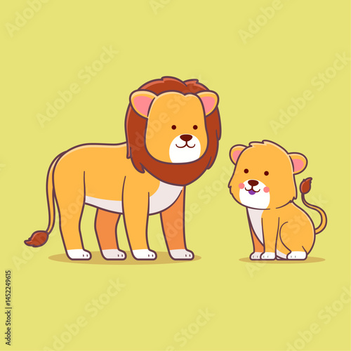 Vector illustration of cute lion and lion cub in cartoon style.
