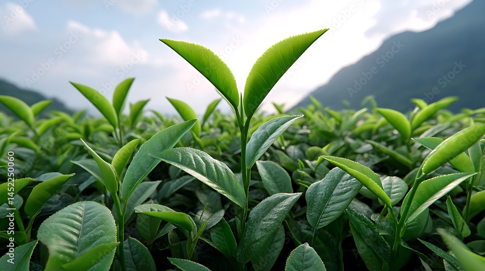 Fototapeta premium Lush Green Tea Plantation Sunrise with Mountain View.