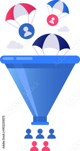 Parachutes carrying user icons falling into a sales funnel, filtering leads into small groups of customers, representing customer acquisition, lead generation, and targeted marketing strategies