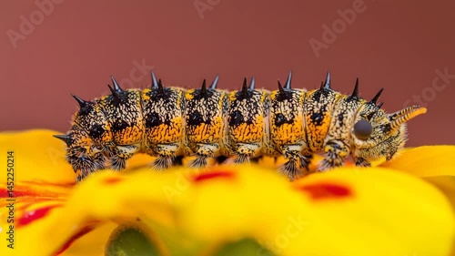 Spiky caterpillar with vibrant yellow and black patterns crawls bright yellow flower, showcasing intricate details and textures close up macro view