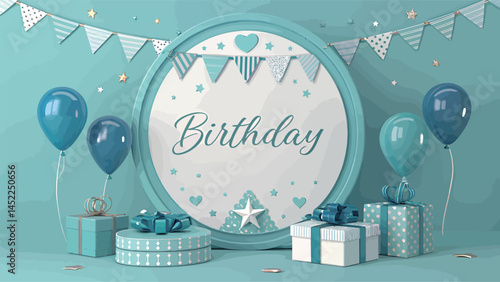 Vibrant turquoise birthday celebration setup with balloons and wrapped gifts.