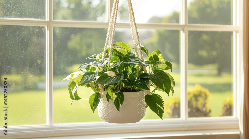 Fototapeta premium Hanging plant in a white pot by a window