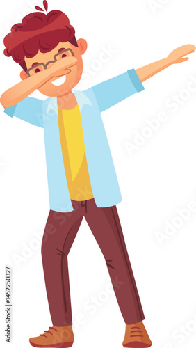 Happy young man dabbing with one arm covering his face while extending the other arm, embodying the playful spirit of internet meme culture in a fun and energetic way