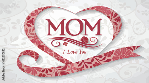 Heart-shaped design with 'Mom' and 'I Love You' text in floral patterns.