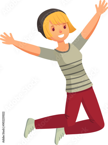 Happy young woman wearing casual clothes jumps joyfully with open arms, radiating excitement and freedom. Her cheerful smile captures the essence of positivity and carefree fun