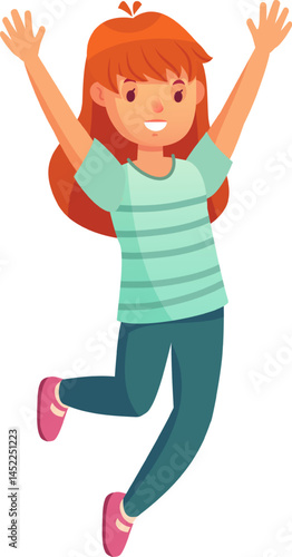 Cheerful redhead girl in a striped t shirt and teal pants joyfully jumping with arms raised high, radiating happiness and excitement in a carefree celebration of childhood