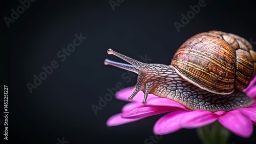 Close Up of Snail with Detailed Shell Crawling on Vibrant Pink Flower Against Dark Background, Showcasing Natures Delicate Beauty