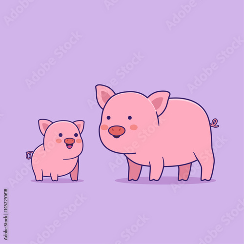Vector illustration of cute pig and piglets in cartoon style.