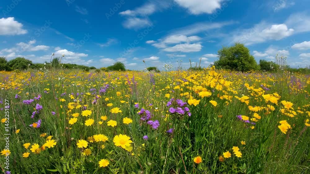 Blooming wildflower field with yellow and purple flowers under bright blue sky with scattered clouds Blooming wildflower field with yellow and purple flowers under bright blue sky with scattered clouds