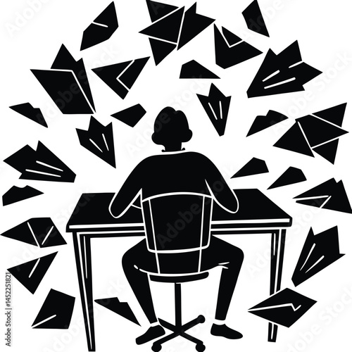 Overwhelmed Writer at Desk Surrounded by Paper Airplanes Black and White Art