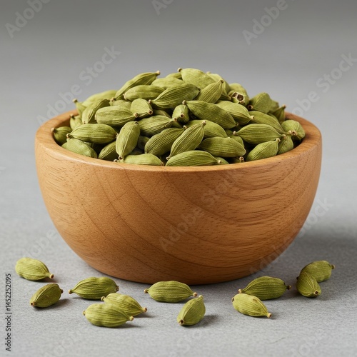 Cardamom pods in wooden bowl on white background
