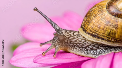 Close Up of Snail with Textured Shell Crawling on Vibrant Pink Flower Petal, Showcasing Delicate Antennae and Natures Beauty