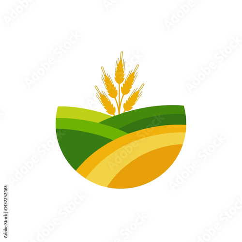 Golden Harvest Emblem: An artistic rendering of a sunlit wheat field, with golden stalks rising gracefully from rolling green hills in a picturesque agrarian scene.