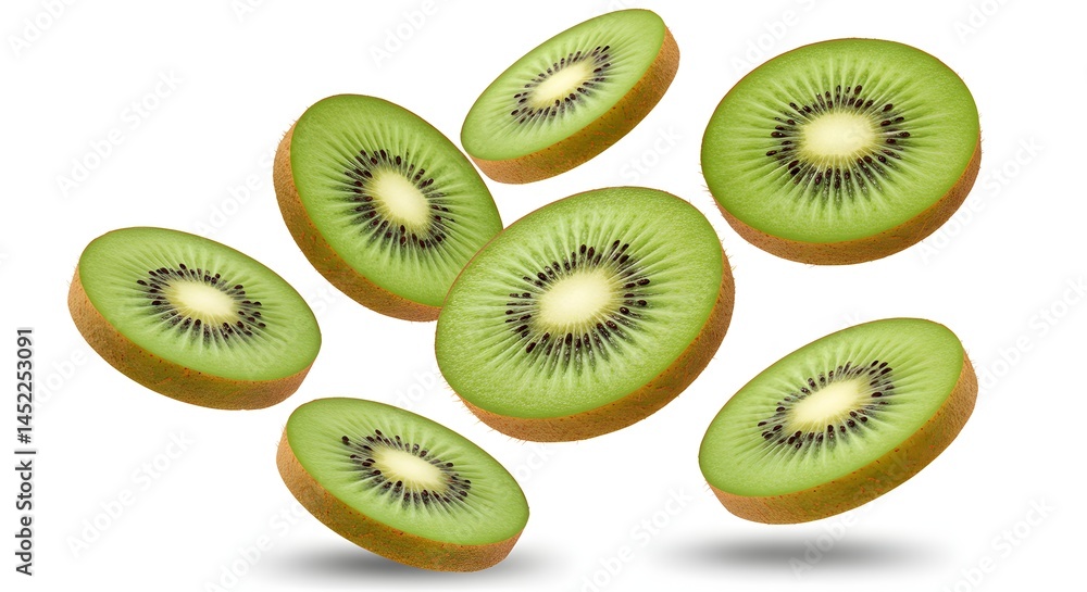 Fototapeta premium Kiwi slices flying in mid-air, isolated on white
