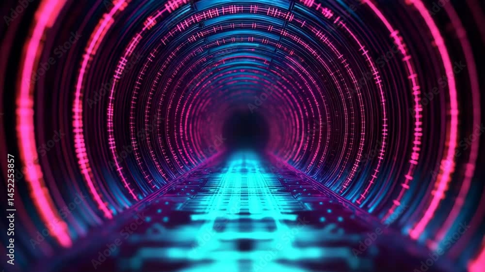 Vibrant, futuristic tunnel with neon lights creates sense of motion and depth, glowing with vibrant pink and blue lights in sci fi atmosphere.