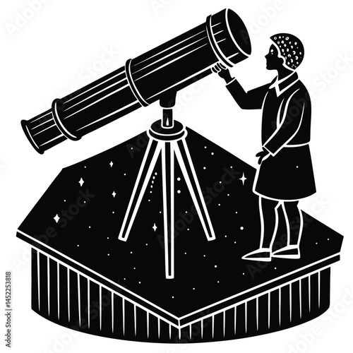 Astronomer with Telescope Illustration: Black and White Astronomy Art Print