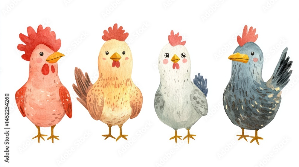 Fototapeta premium Colorful Hand-Drawn Chickens with Unique Features and Expressions